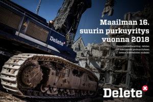 Kuva Deleten purkutyömaalta ja teksti Delete on maailman 16. suurin purkuyritys vuonna 2018